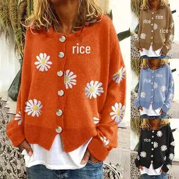 Женский вязаный кардиган с вышитыми хризантемами осень-зима - повседневный, простой, модный, элегантный свитер XL закат/жёлтый