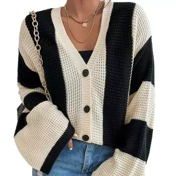 Женский вязаный кардиган с заниженной линией плеча, застежкой на пуговицы спереди и рукавом-колоколом в стиле колор-блок L абрикосовый