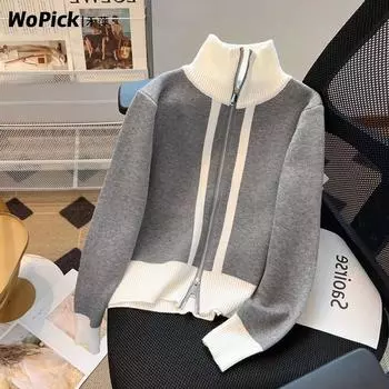Женский вязаный кардиган с застежкой-молнией и высоким воротом, вязаный свитер осень-зима, контрастный вязаный кардиган, куртка one size серый
