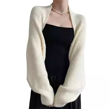 Женский вязаный кардиган-шаль свободного кроя с рукавами «летучая мышь», однотонное вязаное пальто короткого стиля, шаль-пальто для осени и зимы бежевый