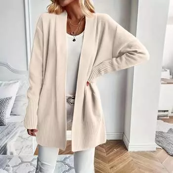 Женский вязаный кардиган средней длины однотонный с длинным рукавом куртка свитер вязаный свитер L
