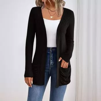 Женский вязаный кардиган средней длины однотонный с длинным рукавом, карманами, куртка-свитер, вязаный свитер L чёрный