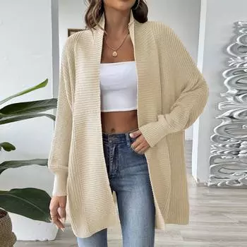 Женский вязаный кардиган средней длины однотонный с длинным рукавом куртка свитер вязаный свитер One Size хаки