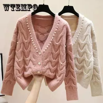 Женский вязаный кардиган Sweet Pearl с v-образным вырезом, женские осенние и зимние универсальные короткие вязаные топы XXL бежевый