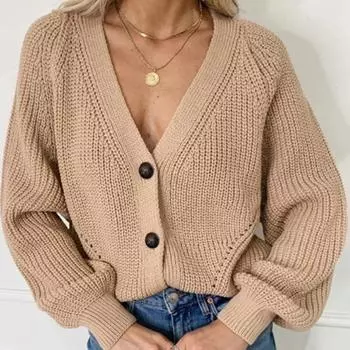 Женский вязаный кардиган, свитер, модное осеннее свободное пальто с длинными рукавами, повседневное пальто на пуговицах, толстые однотонные женские топы с v-образным вырезом S чёрный