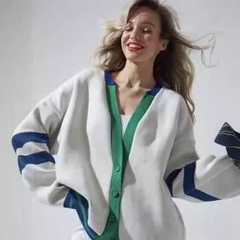 Женский вязаный кардиган свитер на пуговицах с длинным рукавом, свободный кардиган с V-образным вырезом, полосатые свитера, верхняя одежда Женский вязаный кардиган, свитера, топы one size зелёный