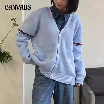 Женский вязаный кардиган свитер с пуговицами V-образный вырез четыре полоски модный длинный рукав внешний свободный темпераментный топ S синий