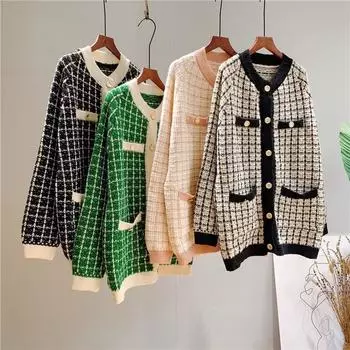 Женский вязаный кардиган, свитер, женский осенний свитер на пуговицах с длинным рукавом в клетку, повседневные женские карманы с круглым вырезом