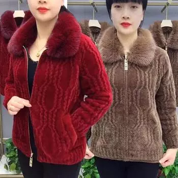 Женский вязаный кардиган, утолщенный, большого размера, имитация норки, бархатный свитер, пальто, воротник из меха матери среднего возраста, на молнии, трикотажная куртка M кофейный