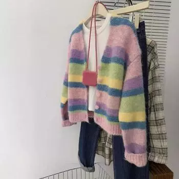 Женский вязаный кардиган в цветную полоску с V-образным вырезом, однобортный топ с длинными рукавами, корейский свободный мягкий осенний свитер One Size