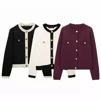 Женский вязаный кардиган в европейском и американском стиле – круглый вырез, однобортный, универсальный, модный (1822106)