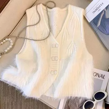 Женский вязаный кардиган-жилет с V-образным вырезом, пэчворк из искусственного меха норки, трехмерный крючком цветок с кисточками, жилет S белый