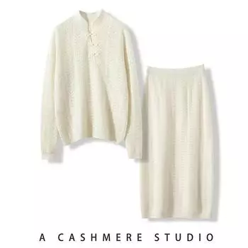 «Женский вязаный кашемировый комбинезон из двух частей: Китайский воротник-стойка и юбка-солнце на осень/зиму M белый