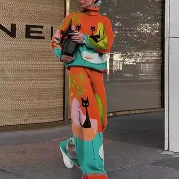 Женский вязаный комплект из двух предметов, осенне-зимний женский теплый костюм, водолазка, свитер с длинными рукавами и брюки, женский спортивный костюм