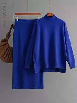 Женский вязаный комплект осень-зима 2024 однотонный свитер с высоким воротником и юбкой комплект из двух предметов женский 2Z3093 One Size чёрный