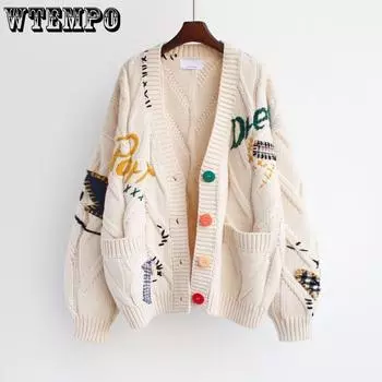 Женский вязаный косами длинный рукав открытый спереди кардиган из овечьей шерсти с V-образным вырезом на пуговицах вышитый свитер из смеси шерсти пальто верхняя одежда S