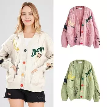 Женский вязаный косами длинный рукав открытый спереди кардиган из овечьей шерсти с V-образным вырезом на пуговицах вышитый свитер из смеси шерсти пальто верхняя одежда average size розовый