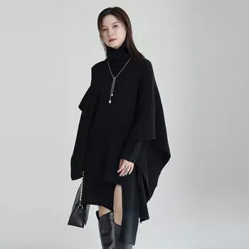 Женский вязаный костюм: Платье из двух частей с неровным разрезом и свободное пальто-накидка One Size серый