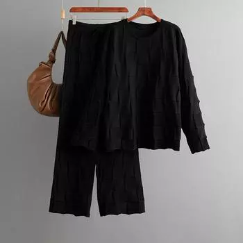 Женский вязаный костюм в клетку, осенне-зимний, свободный свитер оверсайз, повседневные брюки с широкими штанинами, комплект из двух предметов OneSize чёрный