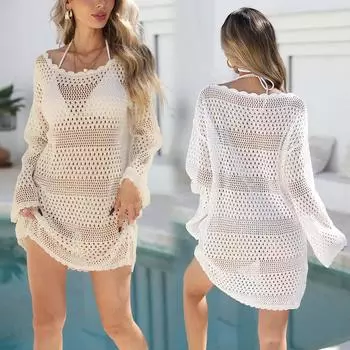 Женский вязаный крючком купальник Cover Up с расклешенным рукавом Beach Cover-ups Backless Bikini Cover Ups Scalloped S бежевый