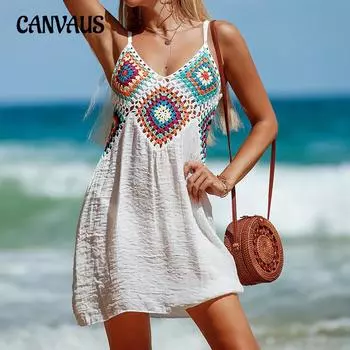 Женский вязаный крючком лоскутный пуловер с красочным узором и v-образным вырезом, дышащие пляжные платья-бикини One Size белый