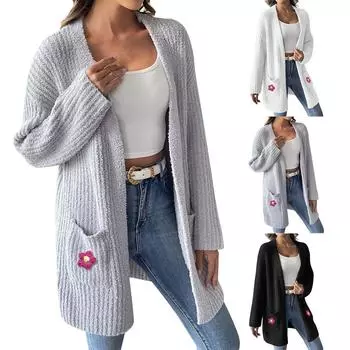 Женский вязаный крючком повседневный кардиган с цветочным узором на осень и зиму, повседневный свитер с двумя карманами L чёрный