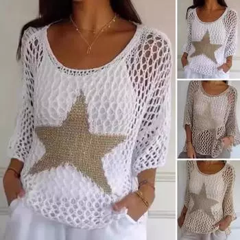 Женский вязаный крючком сетчатый топ с ажурным принтом в виде звезд, свитер с круглым вырезом и длинными рукавами, пуловер XL хаки
