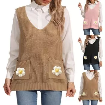 Женский вязаный крючком жилет с двойным карманом и V-образным вырезом One Size чёрный