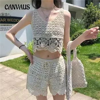 Женский вязаный крючком жилет со скелетом, внешний вязаный топ без рукавов, жилет на плечах, шорты на подтяжках, костюм One Size белый