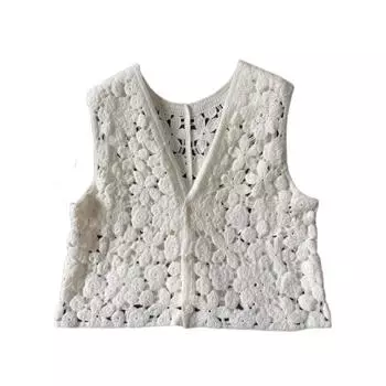 Женский вязаный крючком жилет свободного кроя - Вязаный шерстяной топ без рукавов большого размера для начала осени One Size белый