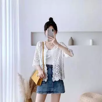 Женский вязаный кружевной жакет в стиле бохо, полый крючком с цветочным принтом, рукавами 3/4, укороченный кардиган с открытой передней частью, элегантный сетчатый свитер, накидка One Size бежевый