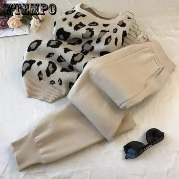 Женский вязаный леопардовый пуловер с длинным рукавом, свитера, брюки с эластичной резинкой на талии, модные брюки, костюмы из двух предметов, наряд