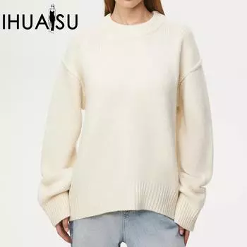 Женский вязаный однотонный простой свободный свитер IHUASU на осень/зиму с круглым вырезом S светло-серый