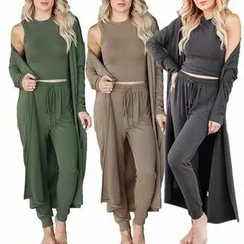 Женский вязаный пижамный комплект из трех предметов для дома, осень и зима, свободный повседневный комплект XXL чёрный