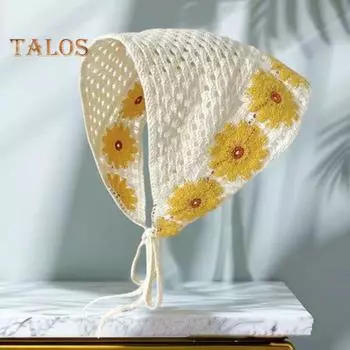 Женский вязаный платок крючком в клетку с цветочным узором, ажурный платок для девочек, треугольная повязка на голову, аксессуары для головы J