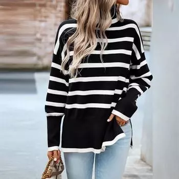 Женский вязаный полосатый свитер, топы, джемпер с высоким воротником и длинными рукавами, пуловер
