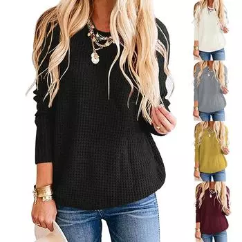 Женский вязаный повседневный свободный пуловер с длинным рукавом и круглым вырезом, свитер, джемпер, топы