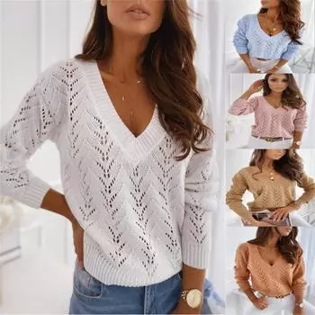 Женский вязаный пуловер с V-образным вырезом и скелетом, топ 2025 года, новый однотонный свободный свитер большого размера S коричневый