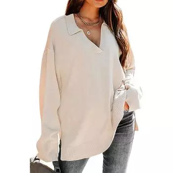 Женский вязаный пуловер-туника с длинными рукавами и V-образным вырезом с воротником, свитера, топ