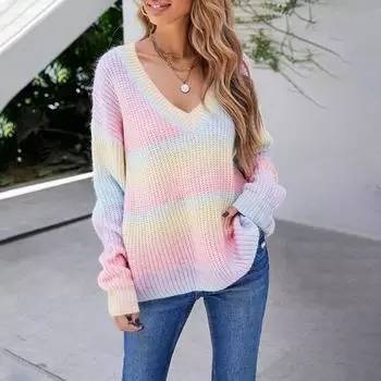 Женский вязаный Радужный сексуальный свитер большого размера с длинным рукавом и v-образным вырезом S