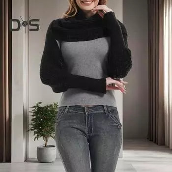 Женский вязаный шарф с рукавом, осенне-зимний теплый кардиган-шаль, однотонный утолщенный длинный вязаный платок светло-серый