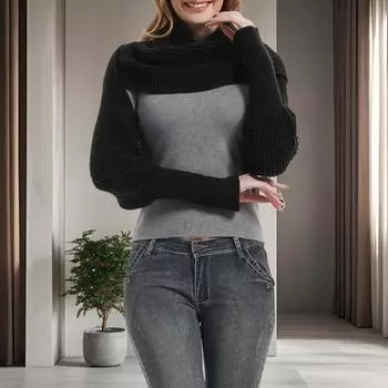 Женский вязаный шарф с рукавом, осенне-зимний теплый кардиган-шаль, однотонный утолщенный длинный вязаный платок