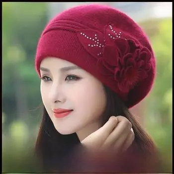 Женский вязаный шерстяной берет из кроличьего меха в корейском стиле с защитой ушей - толстый теплый бархат для осени и зимы Adult One Size (56-60cm)