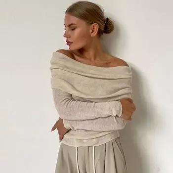 Женский вязаный шерстяной сексуальный облегающий свитер осень-зима шикарный свитер с открытыми плечами и длинным рукавом S белый