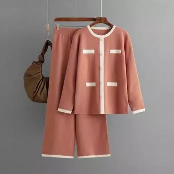 Женский вязаный широкий костюм-двойка на осень и зиму, модный повседневный костюм с круглым вырезом One Size кирпич красный