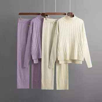 Женский вязаный спортивный костюм, водолазка, свитер, брюки, повседневный модный костюм, однотонный свитер, осенние свободные комплекты из двух предметов One Size бежевый