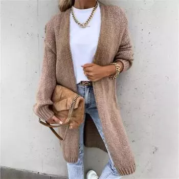 Женский вязаный свитер 2025 года, новый зимний кардиган, теплый однотонный, средней длины, модный свободный повседневный свитер, пальто S серый