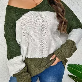 Женский вязаный свитер большого размера с круглым вырезом в стиле пэчворк, вязаный повседневный свитер с длинным рукавом, мягкий свободный легкий пуловер, топ для работы и отдыха XL