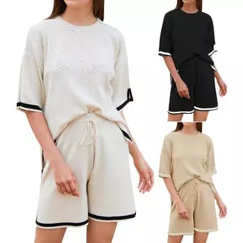 Женский вязаный свитер из 2 предметов, пуловер с короткими рукавами, топы с эластичной резинкой на талии, короткие брюки, женский комплект L бежевый