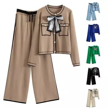 Женский вязаный свитер из 2 предметов, пуловер с длинными рукавами, топы с эластичной резинкой на талии, широкие брюки, женский комплект One Size хаки